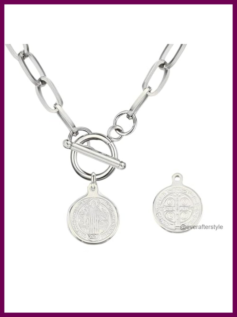 925 Sterling Silver Toggle Necklace Saint Benedict Coin Charm 18in